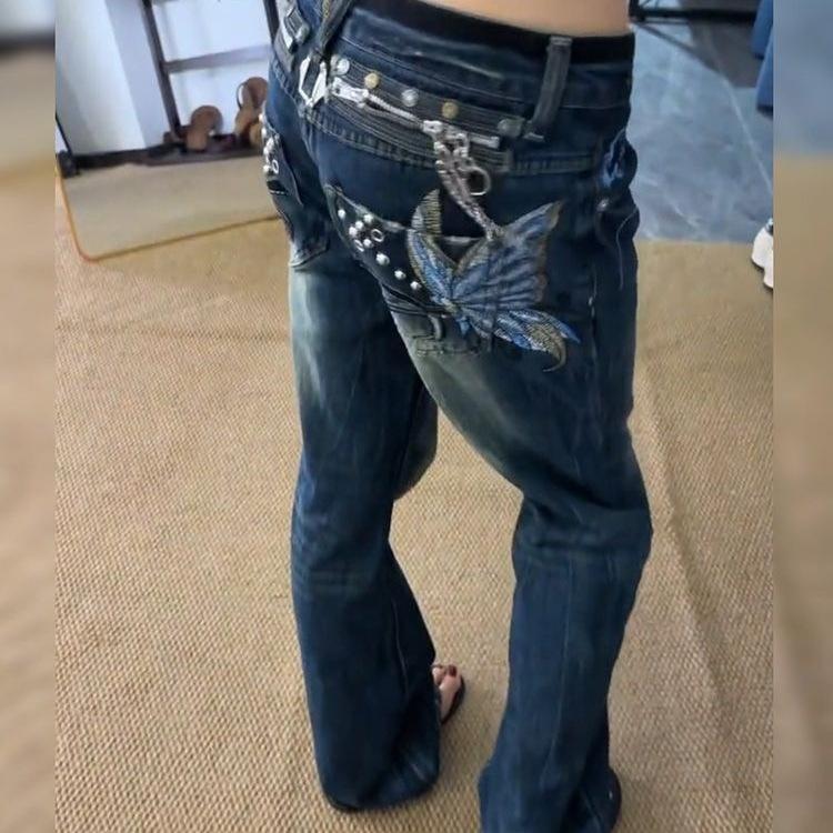 American retro street spice butterfly embroidery design sense old jeans children summer slim slim slim slim pants