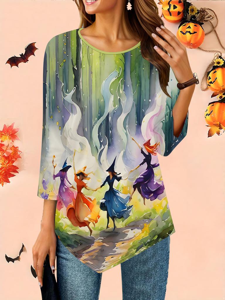 Women's Loose Round Neck Three Quarter Sleeve Tee 3D Halloween Pattern Ideal Halloween and Christmas Gift
