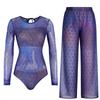 Long-sleeved Sunscreen Swimsuit Women's High Elastic Thickened Mesh Loose Trousers European and American Swimwear Fitness One-piece