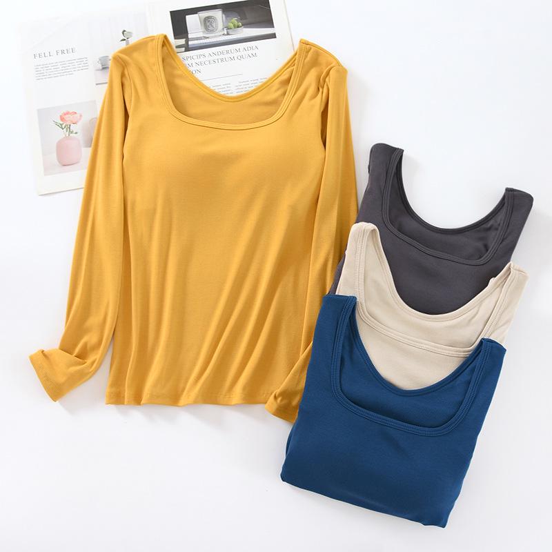 Women's Square Neck Long Sleeve Top with Built-in Bra Pads - Slim Fit for Early Autumn/Spring/Winter