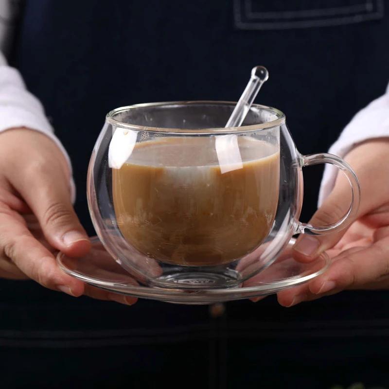 Glass Espresso Cups with Saucers and Spoons Double Wall Insulated Cups Set Handheld Drinking Glasses for Tea Latte Cappuccino