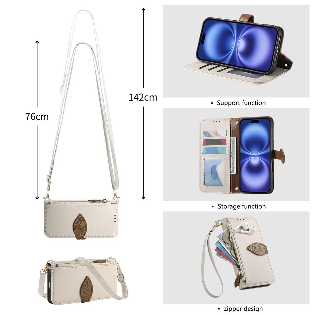 iPhone 17 Leaf Leather Flip Case with Crossbody Strap