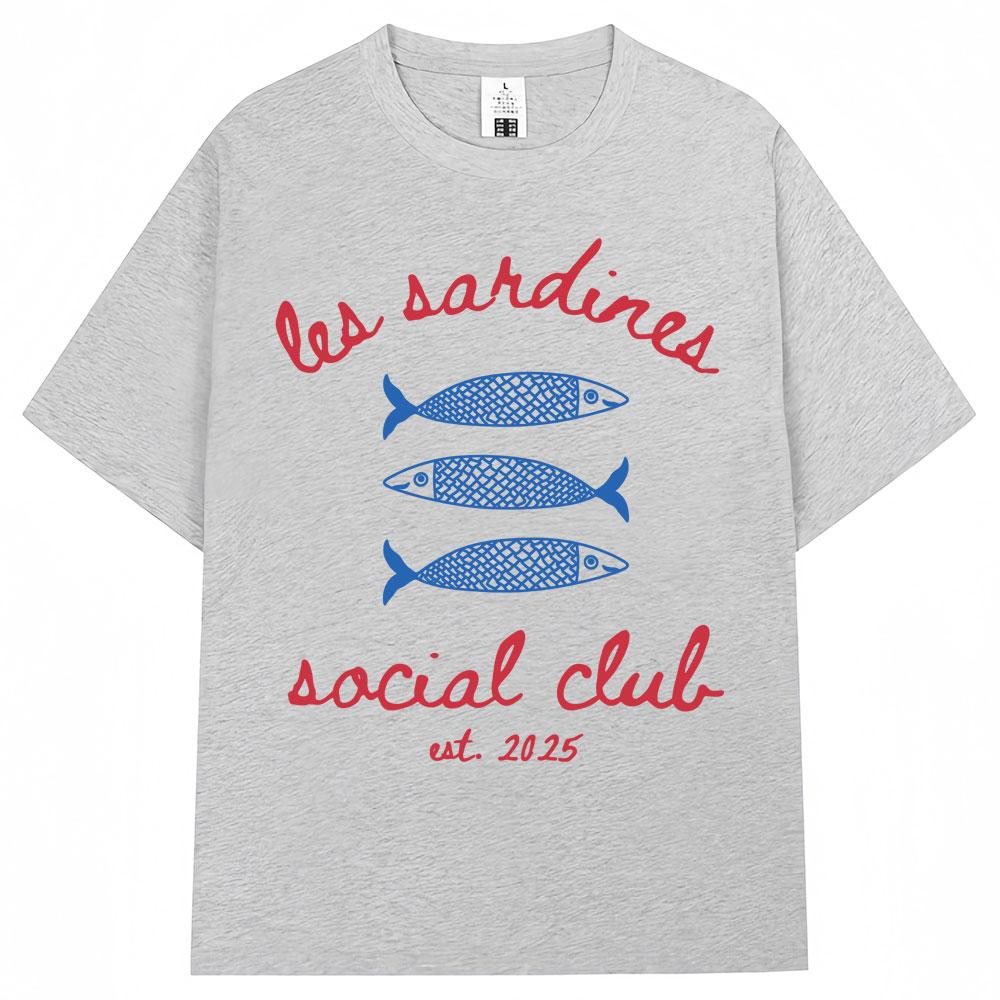 Les Sardines Social Club Graphic T Shirt Summer Fashion Vintage   Short Sleeve Oversized Cotton Casual Tees Streetwear