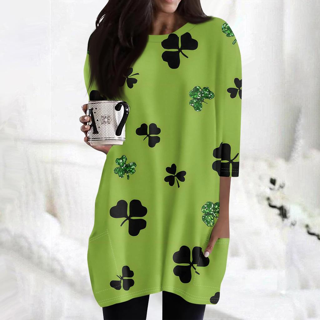 Women's  Casual 3/4 Sleeve Shirts Fashion St Patrick's Print Tunic Tops With Pockets