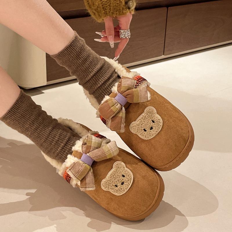 Fashion Women's Plush Cotton Shoes Winter Casual Warm Home Shoes Fashionable Soft Comfortable Non-slip Outdoor Flat Shoes Cartoon Bow
