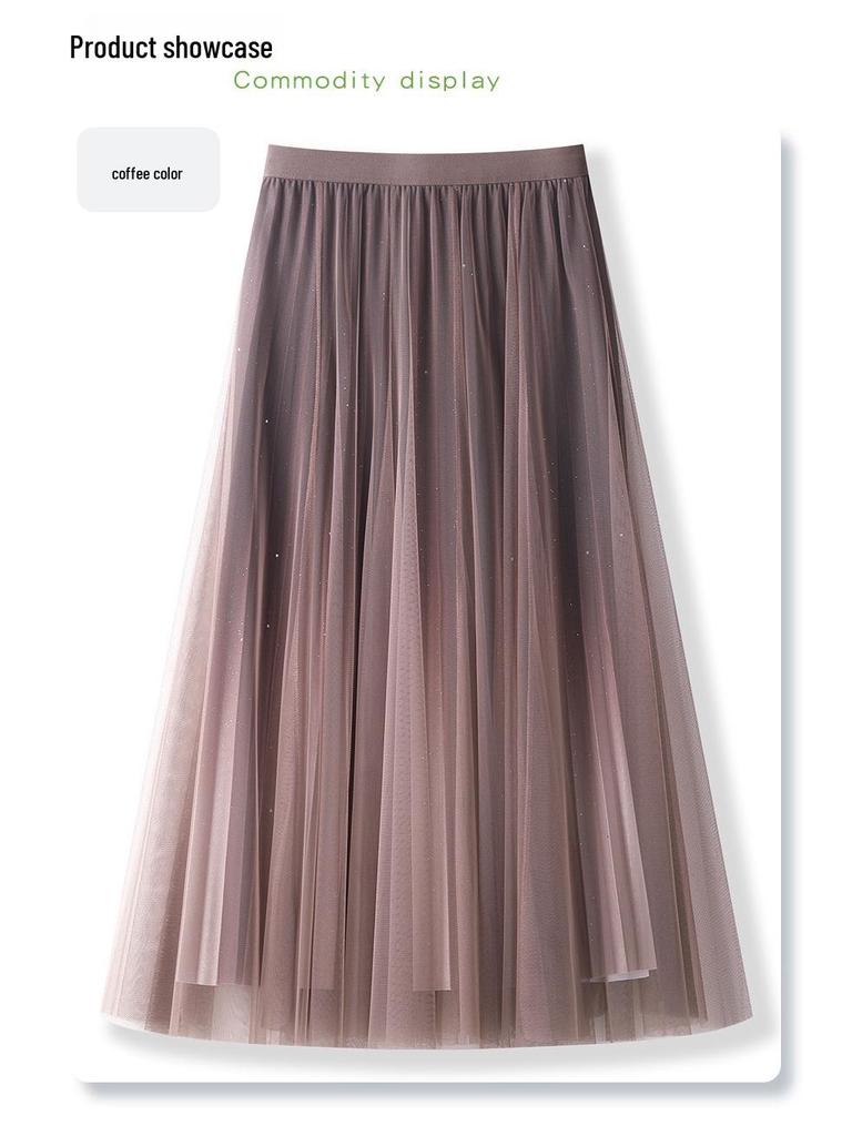 Verlauf Hohe Taille Plissee Midi Rock 2025 Damen Frühling/Herbst Mesh A-Linie Langer Rock