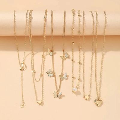 6Pcs Necklace Simple Temperament Lovely Butterfly Star Moon Popular Lady Necklace Set For Women Jewelry European And American