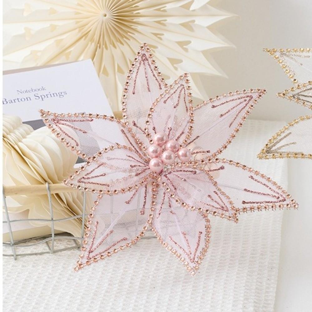 Glitter Artificial Poinsettia Flower Pink Sequins Flower  Christmas Decoration
