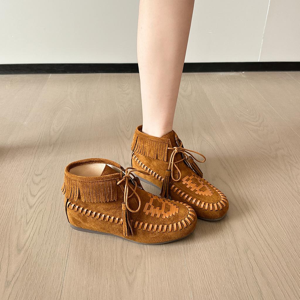 High-end Autumn and Winter New Martin Boots Round Head Retro Flat Bottom Strap Low Tube Versatile Breathable Soft Bottom Fringed Boots