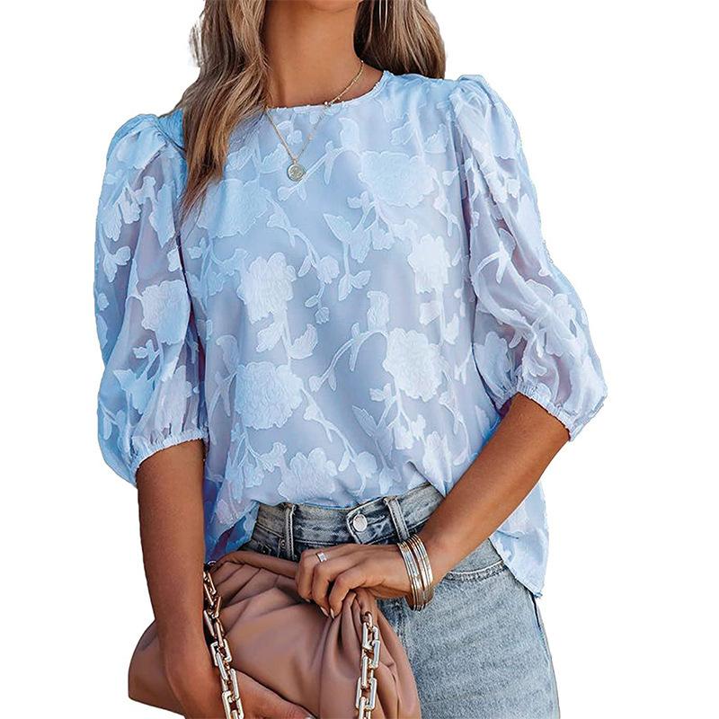 1116 European and American Popular Chiffon Cover Lining Floral Bubble Short Sleeve Fashion Round Neck Loose Top