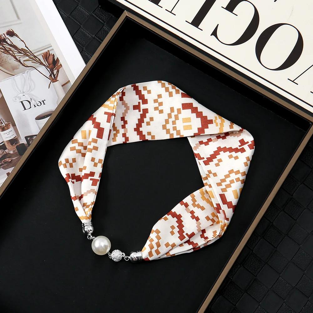 Chinese Retro Multi-Functional Magnetic Women'S Silk Scarf Small Strip Diamond Magnetic Buckle Small Scarf