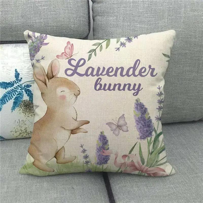 Easter Cushion Cover Cute Bunny Eggs Printed Pillow Covers 18x18 Inches Easter Decorations Hare Rabbit Flower Linen Pillowcase