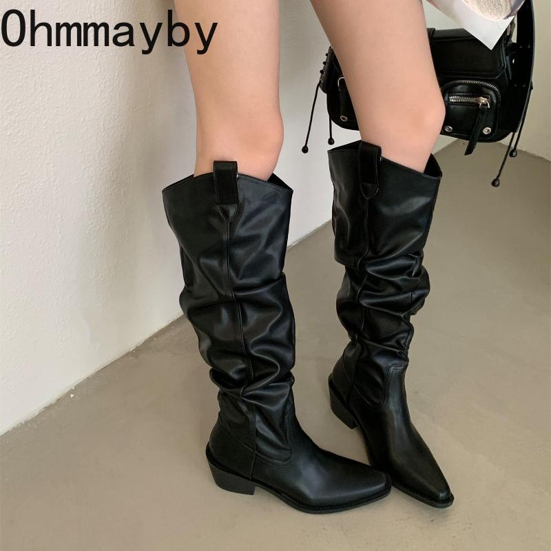 Retro Pointed Toe Pleated Women Western Cowboy Concise Thick Heels Female Slip on Long Booties De Muje