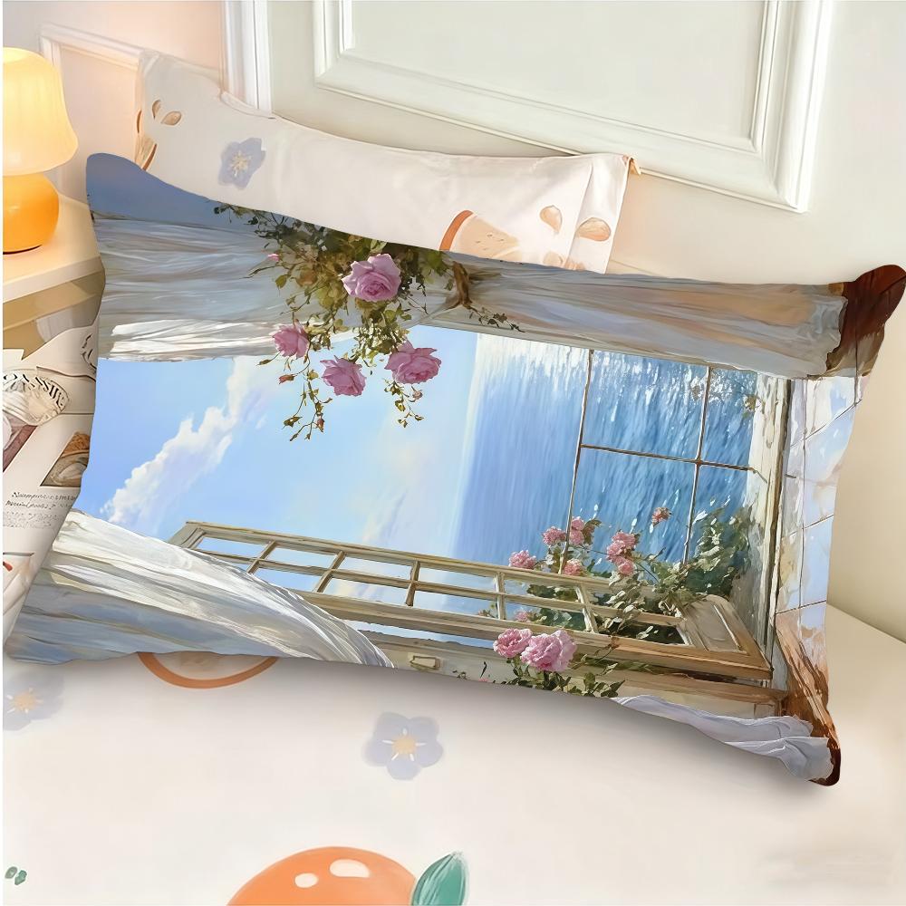 Romantic CoastalPink Roses Tranquil Blue Waters Cushion Cover Rectangle Pillow Case Printing Bedside Sofa Decoration Pillowcase