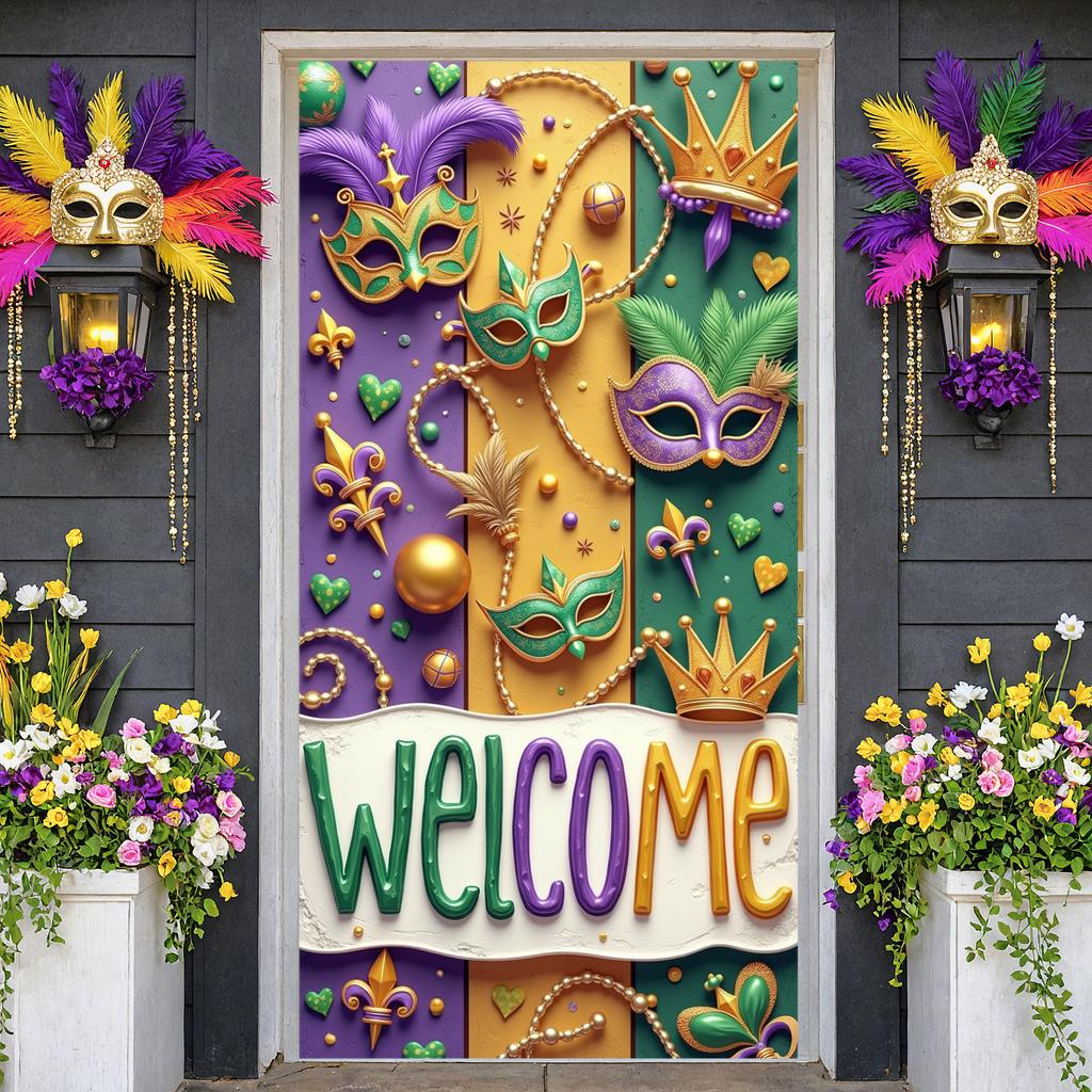Bead Ornament Display Beaded Garland Mardi Gras Banner Feather Decoration Banner Colorful Mask Festive Backdrop For Holiday
