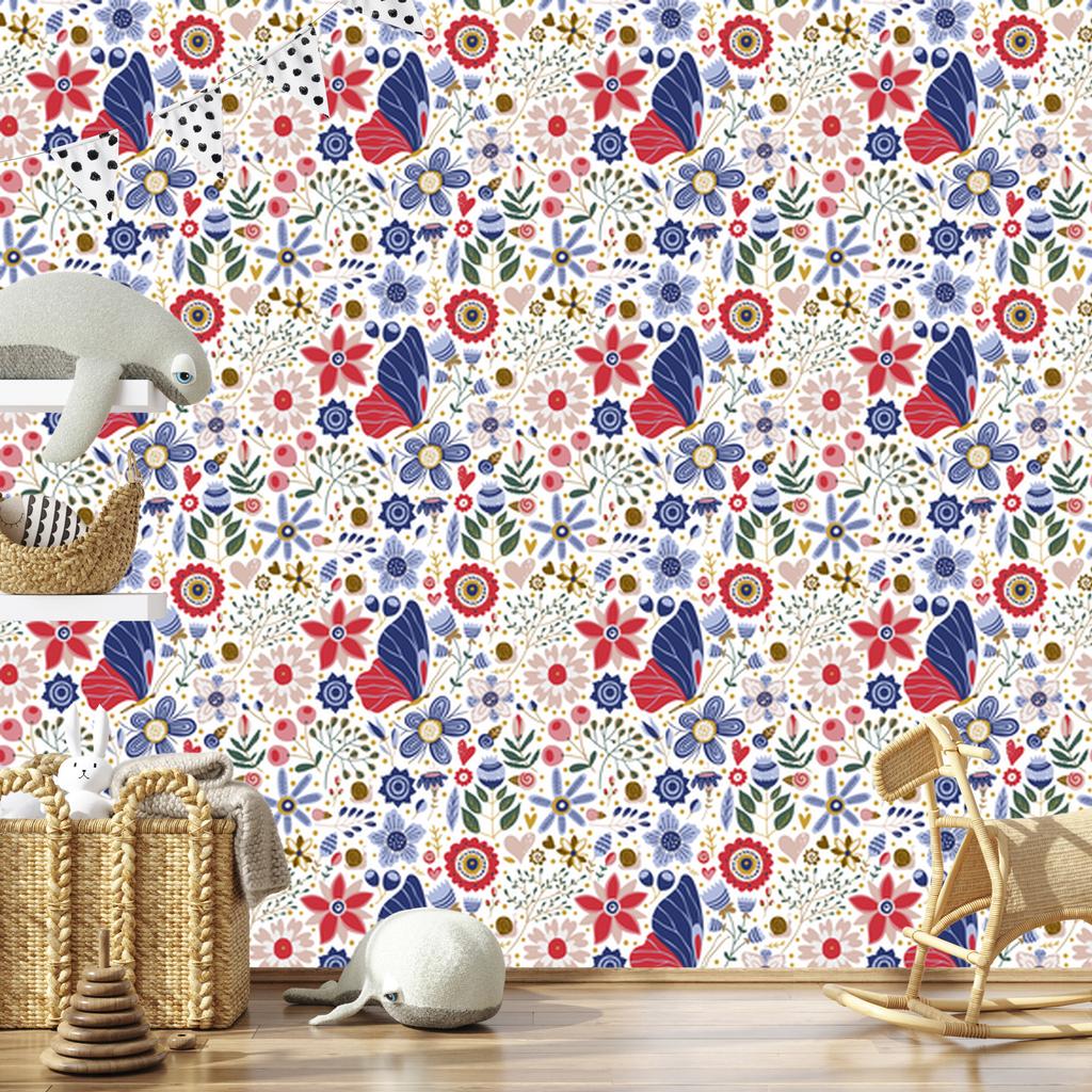 Folk Flowers Wallpaper White and Blue for Living Room and Bedroom 50x1000
