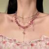 Dainty Trendy Romantic Pink Flower Beaded Chokers Stackable Necklace Handcrafted Fairy Tassel Women Wedding Summer Vacation