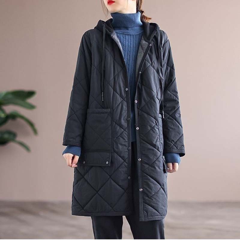 Prošívaná volná bavlněná bunda s kosočtvercovým vzorem dámská s kapucí teplá parka patchworkový design ležérní styl Harajuku na dojíždění jaro a podzim