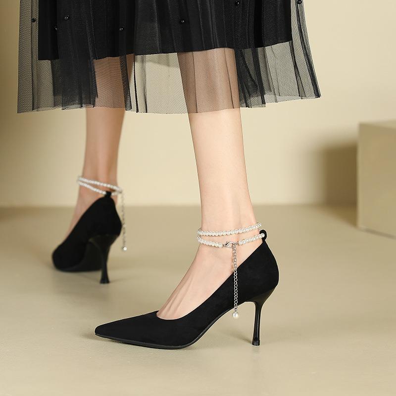 1-Word Pearl Suede Single Shoes Women's Pointed Head Stiletto High Heels Sexy Bride Bridesmaid Xiuhe Wedding Shoes