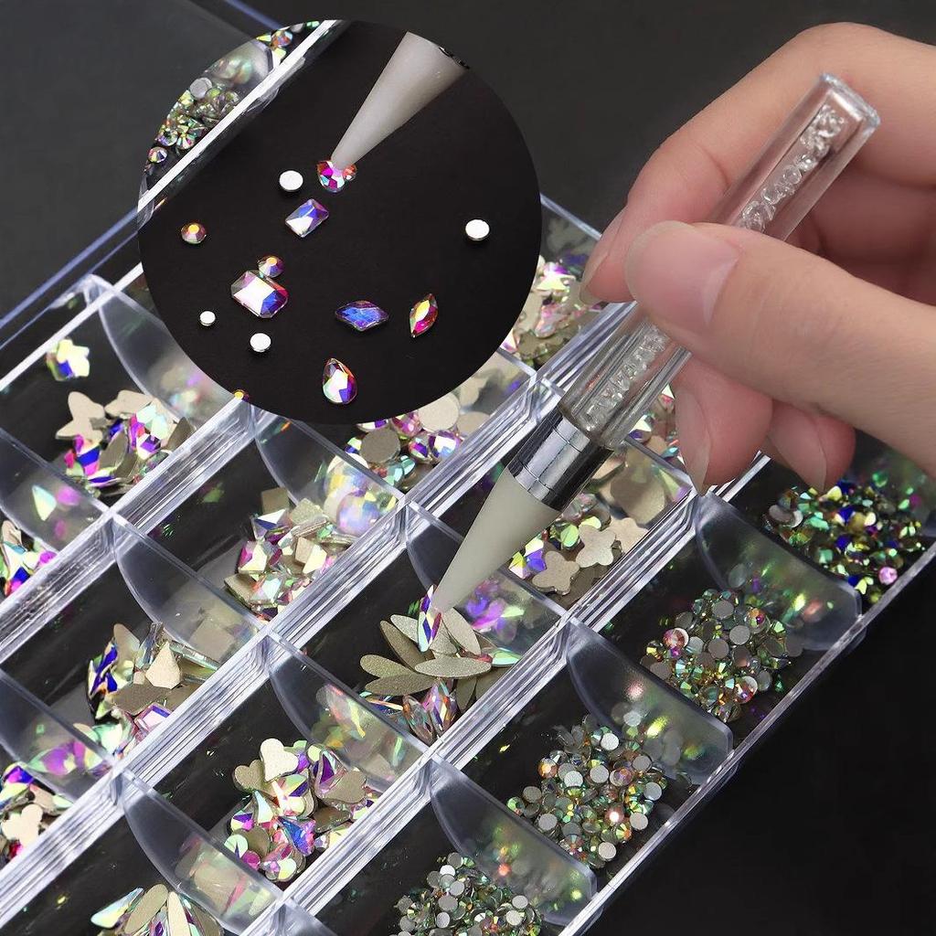 Iridescent Nail Art Rhinestone Set: 24 Grids of Mixed Super Sparkle Flat-Back Rhinestones in Special Shapes with Box Packaging.