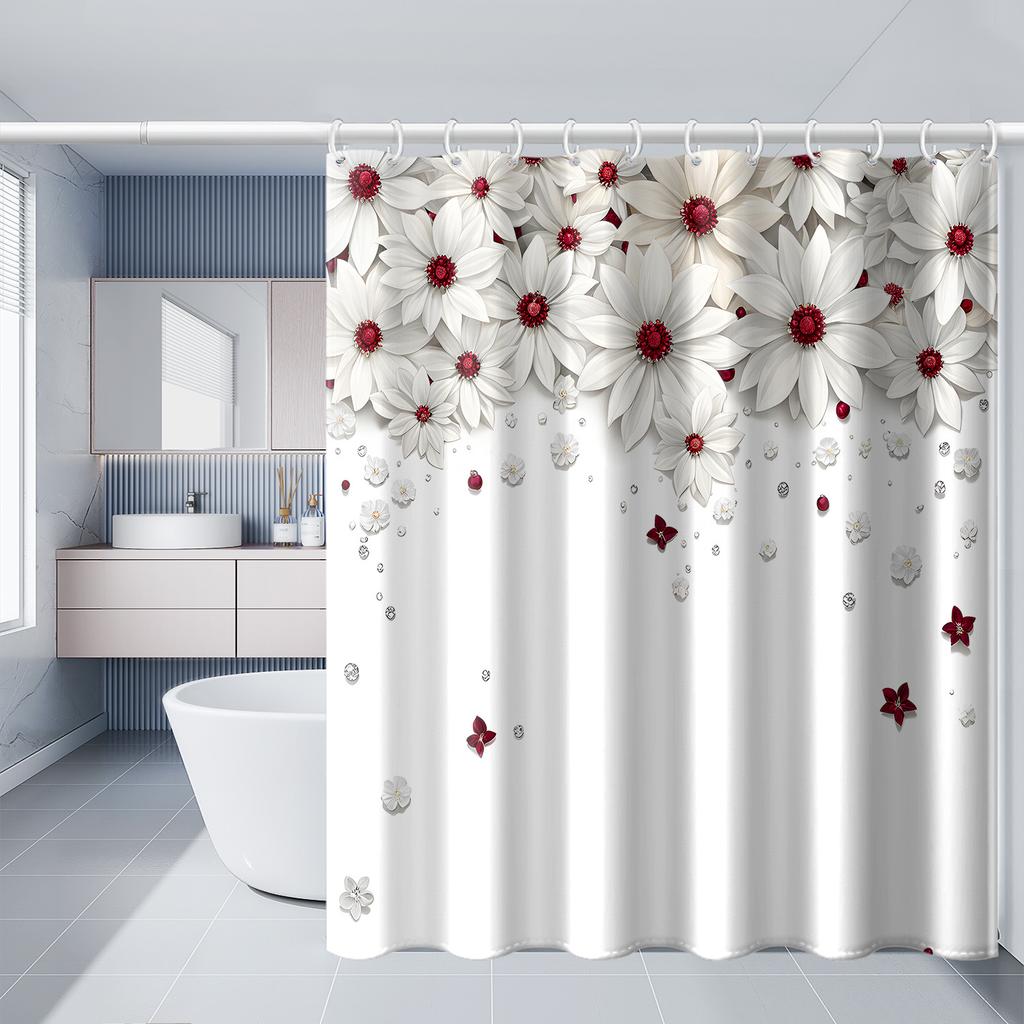 1pc Simple Fashion White Flower Pattern Printed Shower Curtain, Polyester Fabric with Hooks, Simple Style Window And Wall Bathtu