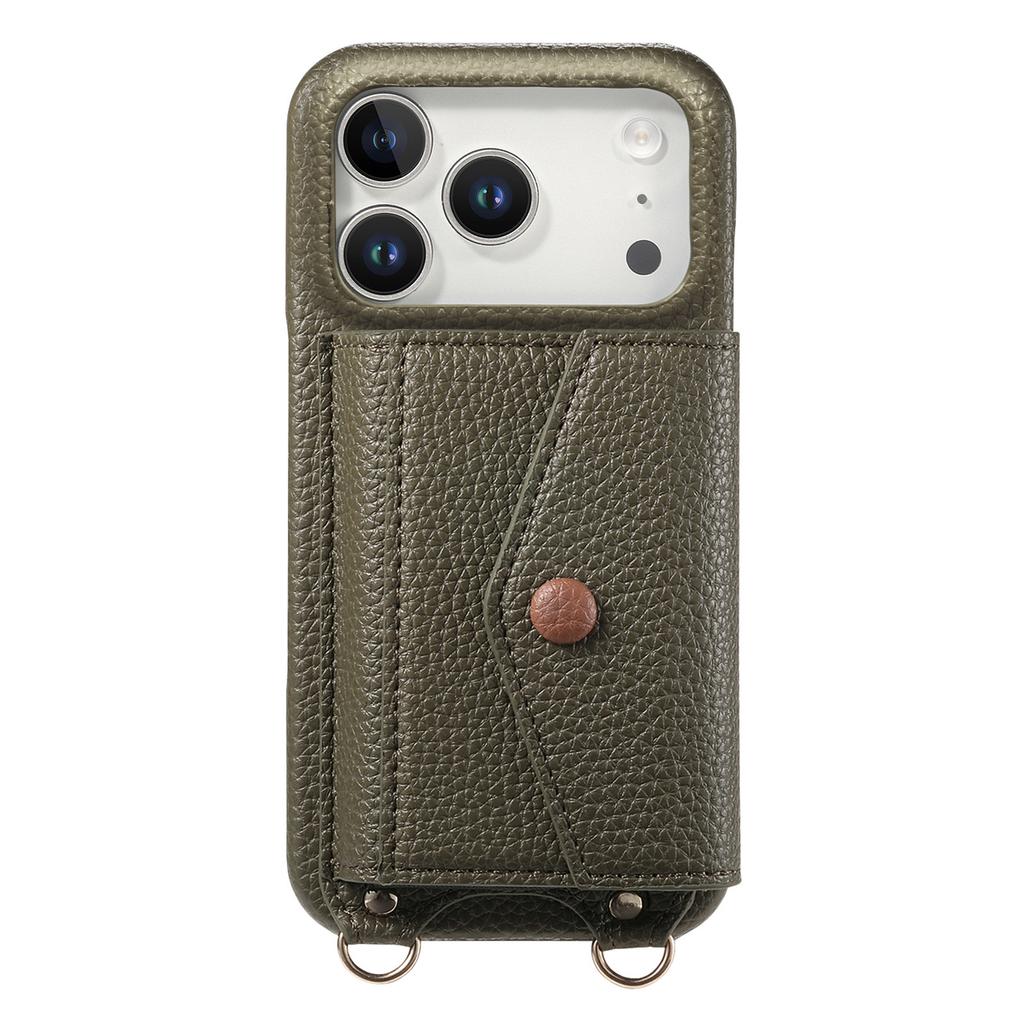 For iPhone 17 Pro Case Card Holder Kickstand PU Leather + PC Phone Cover with Mirror and Crossbody Lanyard