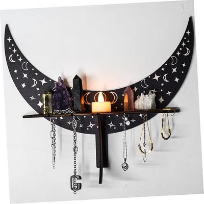 Wood Moon Phase Wall Mounted Display Rack for Crystals and Jewelry Aesthetic Home Decor Shelf with Hooks for Stones and Accessories