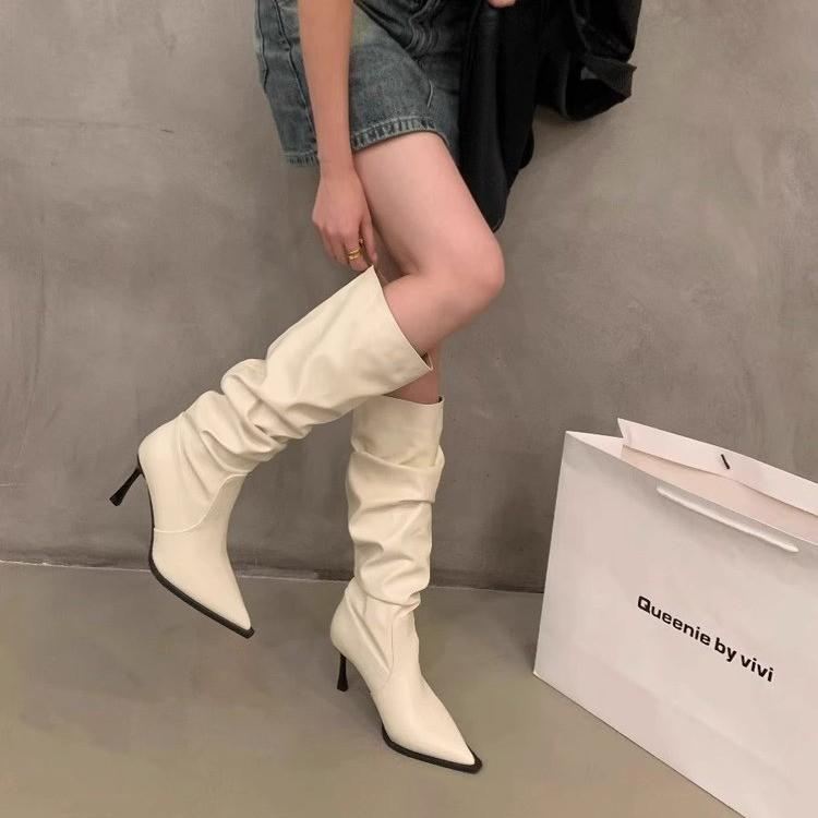 Fashion 2024 Autumn New Women's Pointed Toe Pleated High Boots Fashionable High Heel Knee High Fashion Boots