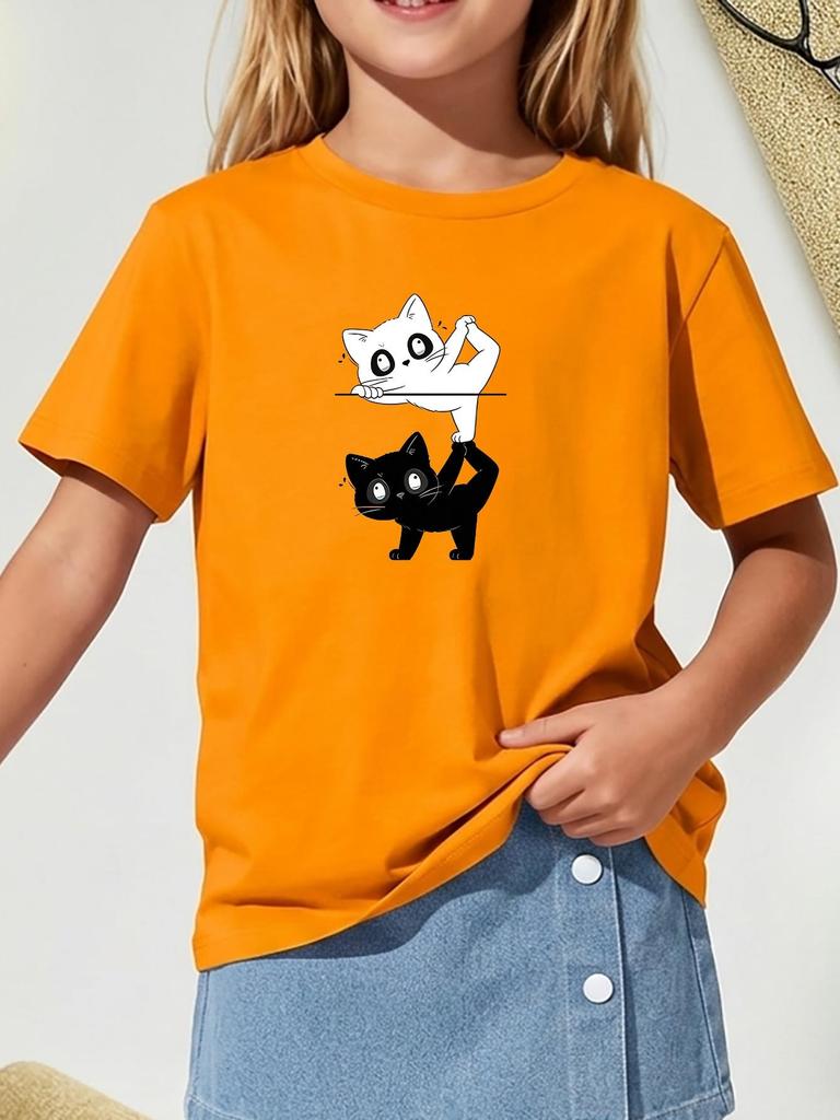 Funny Stretching White Cat Standing On Black Cat Graphic T Shirt Boys Girls Casual Short Sleeve Family Matching Kids Cotton Tee