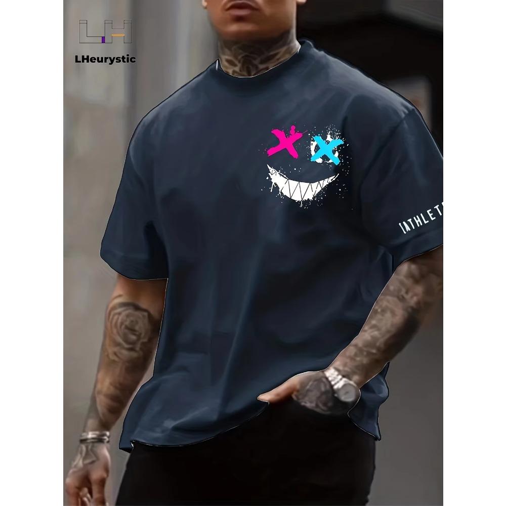 Men's Fashion Skeleton and Flower Happy Face Printed T-shirt Men's Casual Street Style Skeleton T-shirt Versatile Short Sleeve T