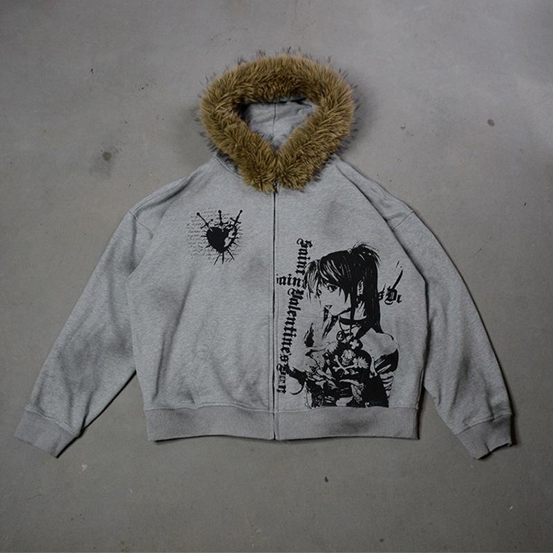 FlowStreet Зимняя Мода Уличная Одежда Женская Готическая С Принтом Куртка с Капюшоном из Искусственного Меха Модная Дерзкая Толстовка на Молнии S