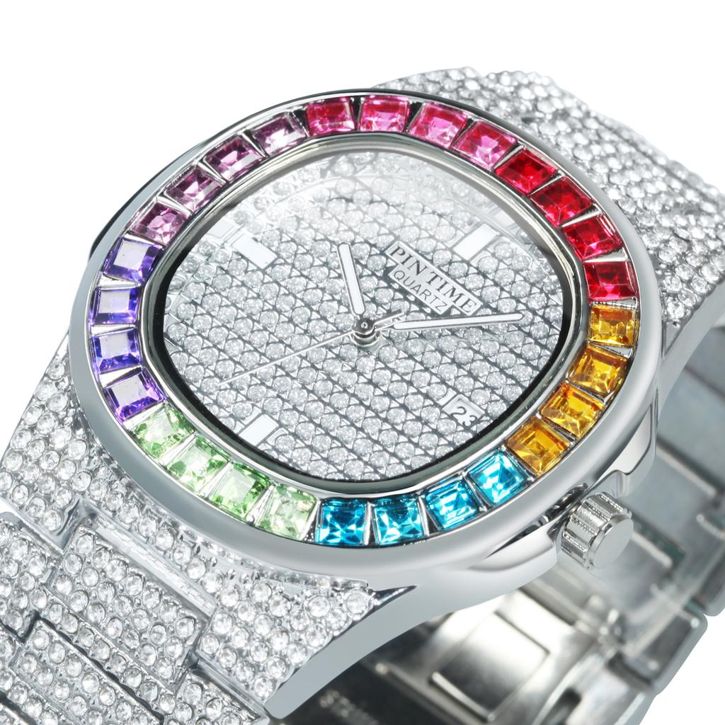Men Colorful Diamond Quartz Watches Luxury Gold Silver Big Dial Male Wristwatch Sport Business Clock Relogio Masculino