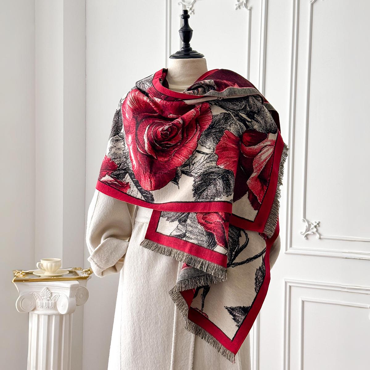 

Women s Winter Rose Print Pashmina Shawl Cashmere Feel Large Warm Ideal for Outdoor with Tassels Blanket Poncho