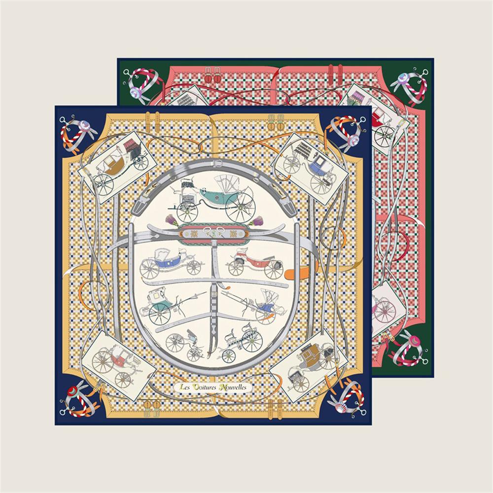 POBING Hand Rolled Twill Silk Scarf Women Horse Carriage Double Print Square Scarves Wraps Echarpes Foulards Femme Hijab 90CM