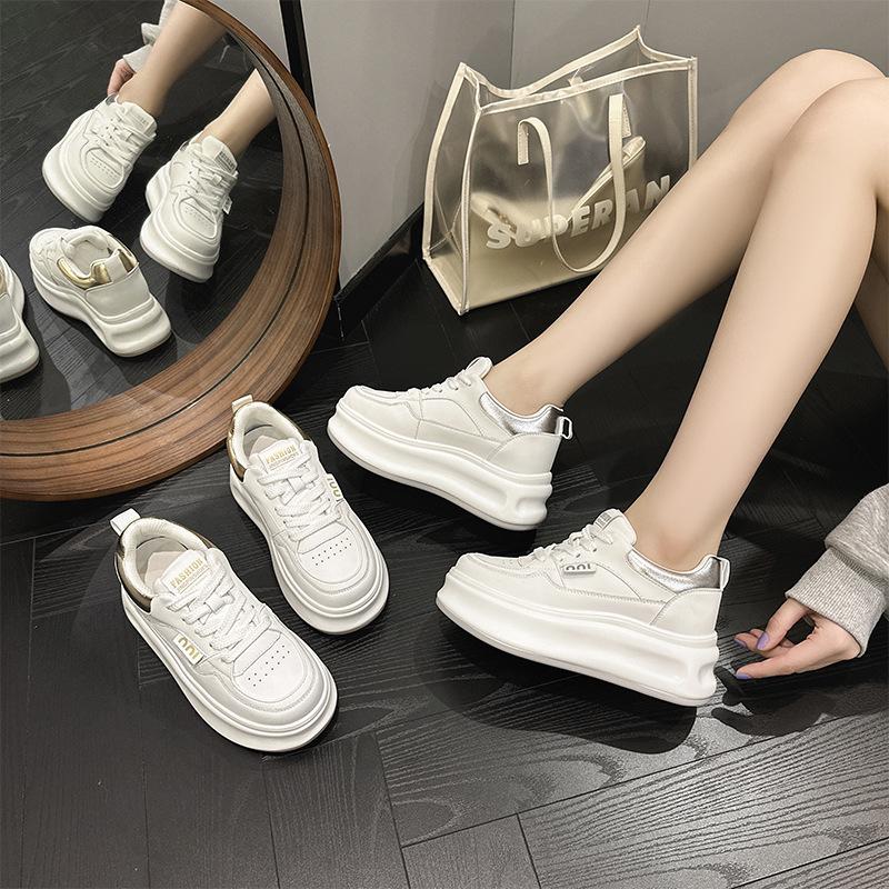 New cowhide casual shoes women's thick-soled inner height increase wear-resistant sports little white shoes women's lace-up women's shoes