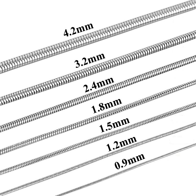 Stainless Steel Round Snake Chain Silver Tone 16"-30" Men Women Necklace 0.9/1.2/1.5/1.8/2.4/3.2/4.2 Mm