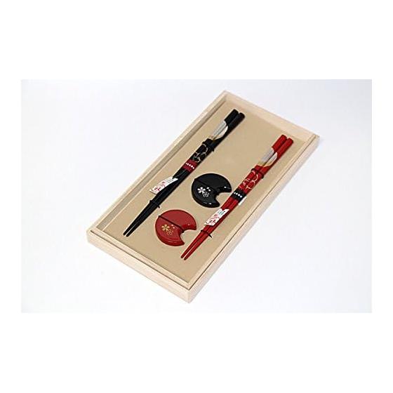 Wajima-nuri Chopsticks Set for Couples, "Yoimachi Moon" with "Karasakura" Chopstick Rests, Paulownia Wood Box, Made In Japan, Issou Wooden
