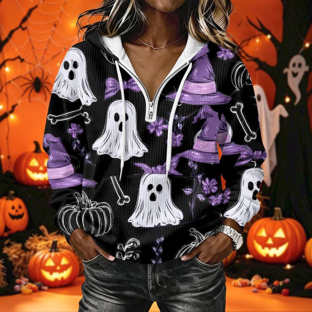 Women's Long Sleeve Pullover Hoodie with Halloween Print