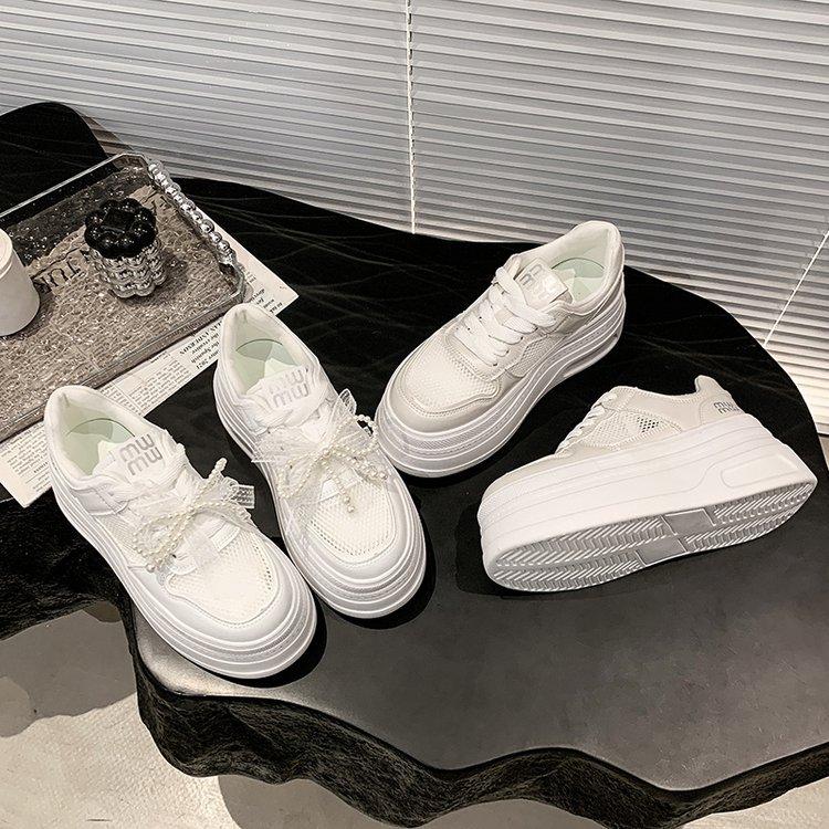 Net shoes 2025 spring new leather platform casual little white shoes women's height-increasing muffin shoes casual sports board shoes women
