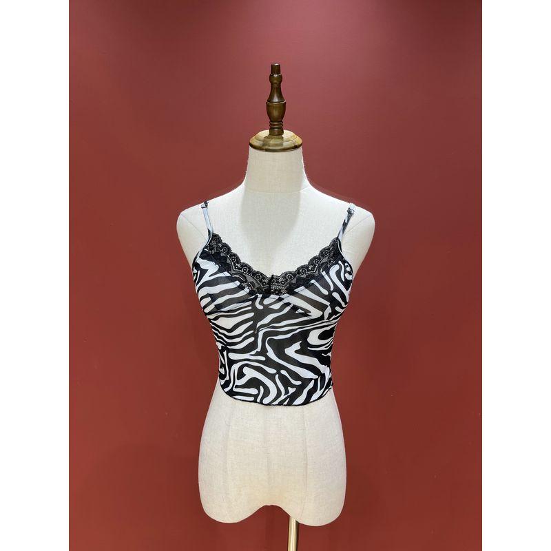 Sexy Lace V-neck Open Back Sling Tops Women's Summer Sexy Print Mesh Vest Inner Bottoming Top Tops