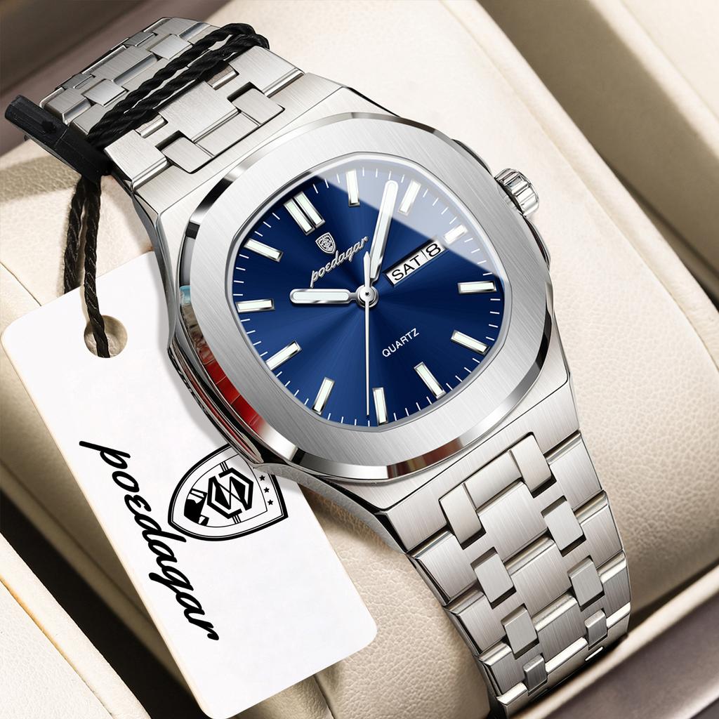 POEDAGAR Top Fashion Square Watch For Woman Luminous Waterproof Date Week Ladies Watch Stainless Steel Women's Quartz Wristwatch