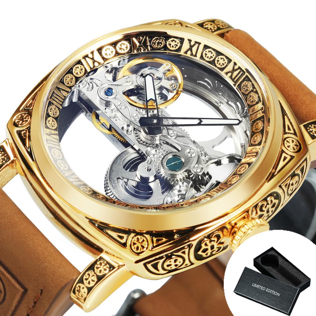 Forsining Royal Golden Bridge Skeleton Automatic Mechanical Watch for Men Luminous Hands Retro Engraved Luxury Mens Watches