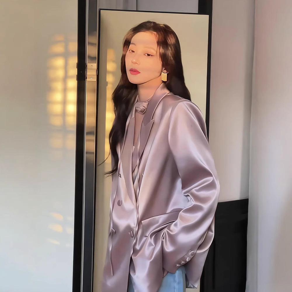 Niche Design Women's Satin Blazer - Double-Breasted, High-End Korean Fashion for Spring & Autumn 2025