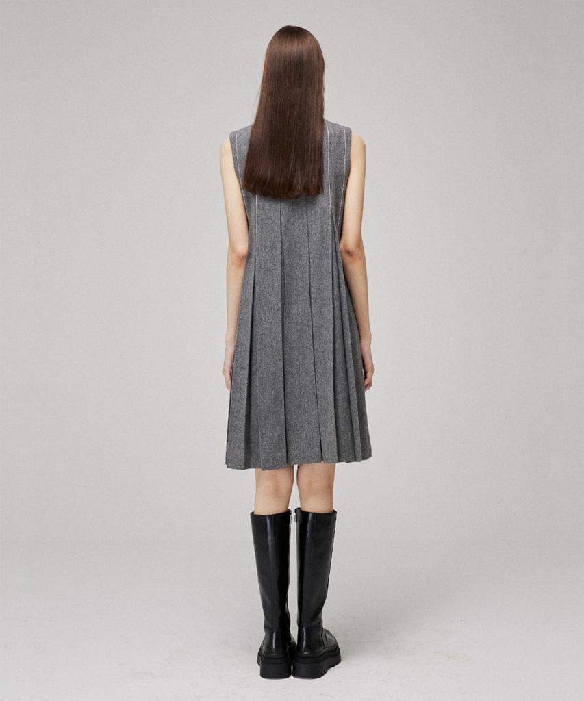 Meuameu Pleated Wool Unbalance Stitch Sleeveless Dress