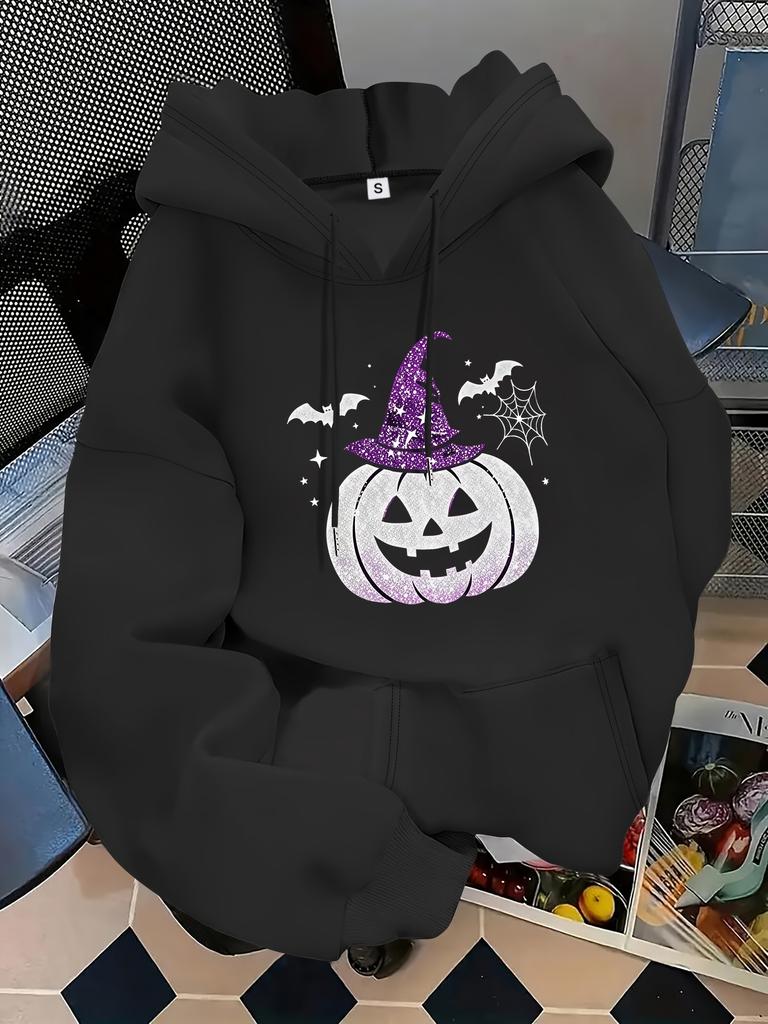 Unisex Fall Autumn Halloween Purple Wizard Hat Pumpkin Print Kangaroo Pocket Graphic Hoodie Hooded Sweatshirt Print Casual Top fo