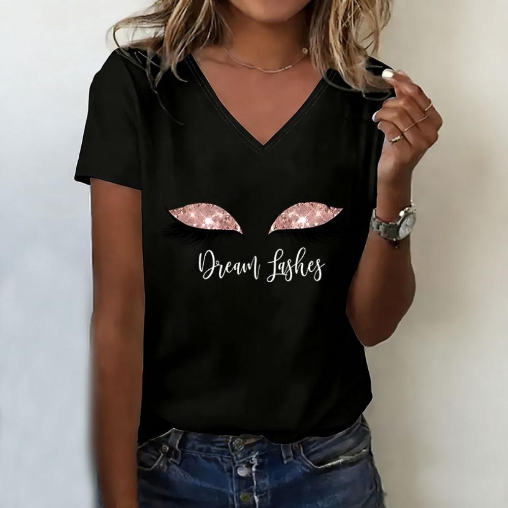 

Fashion T-shirt V Neck Casual Fashion Y2k 90s Eyelashes Printed T Shirts Women Short Sleeve Tee Shirt V-Neck Summer Spring XL