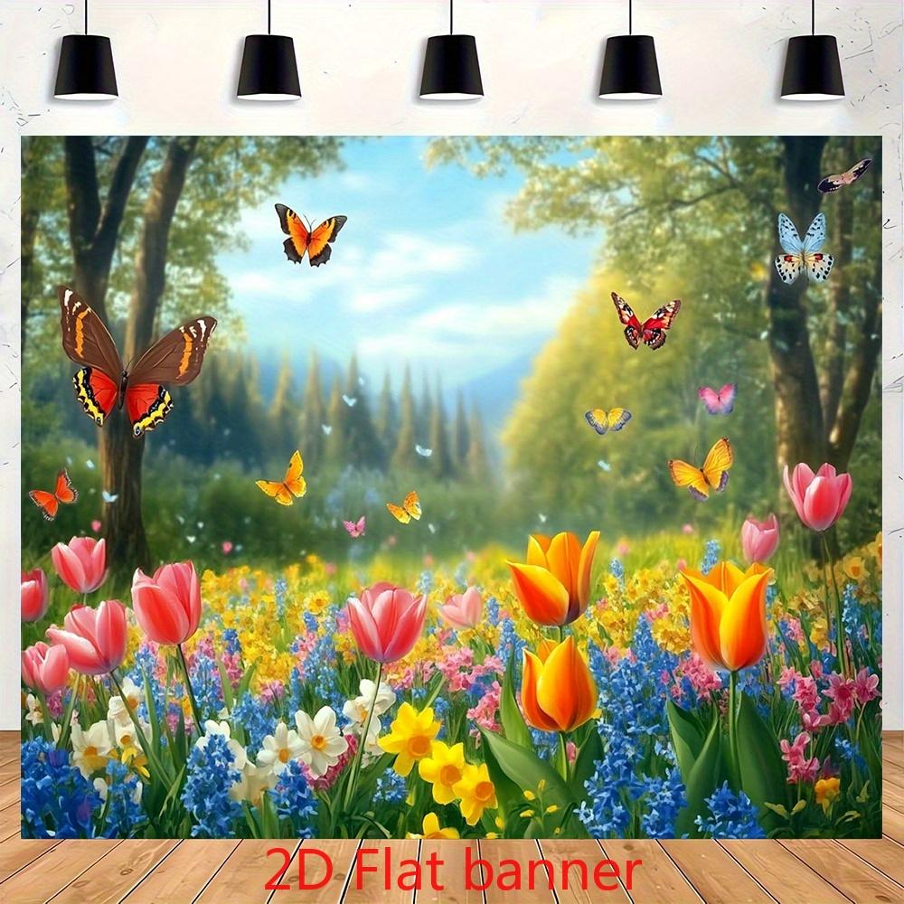 2D Plane 1 Piece of Bright Spring Flower and Butterfly Polyester Banner Featuring Blooming Tulips Roses and Lush Green Plants
