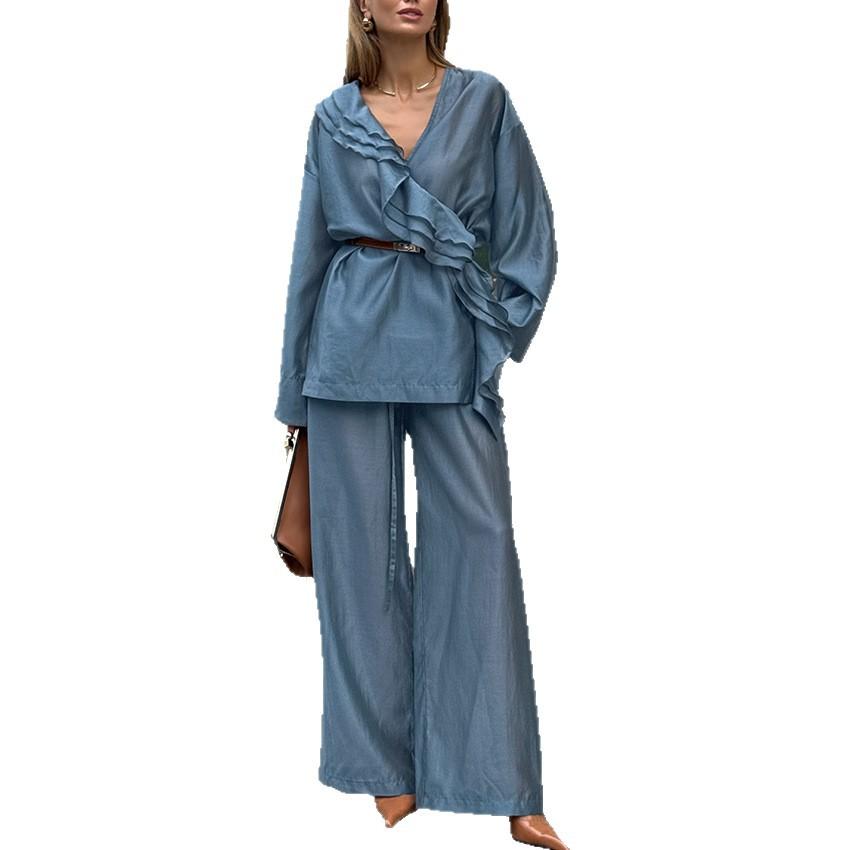 French Retro Irregular Ruffle Leaf Edge V-neck Shirt High Waist Drape Wide Leg Pants Thin Shirt Trousers Two-piece Set