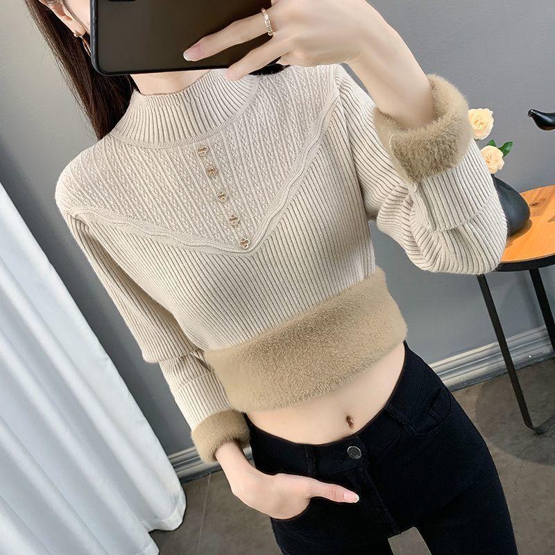 Damen Einteiliger Samtpullover mit Verdicktem Samtfutter und Halbhohem Kragen Pullover Slim und Warm Strickpullover Top für Herbst und Winter