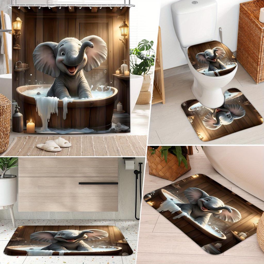 4Pcs Bathroom Shower Curtain Set Cute Elephant Pattern Bathroom Curtain With 12 Hooks Non Slip Rugs Toilet Cover Mat Bathroom Partition